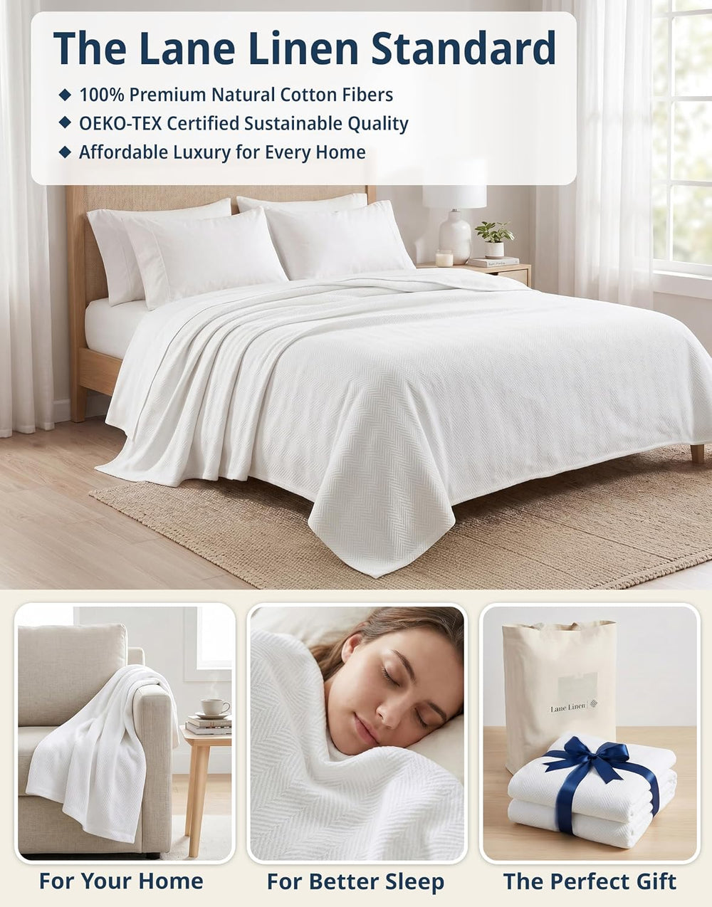 Lane Linen 100% Cotton Blankets Queen Size, 350 GSM Medium Weight