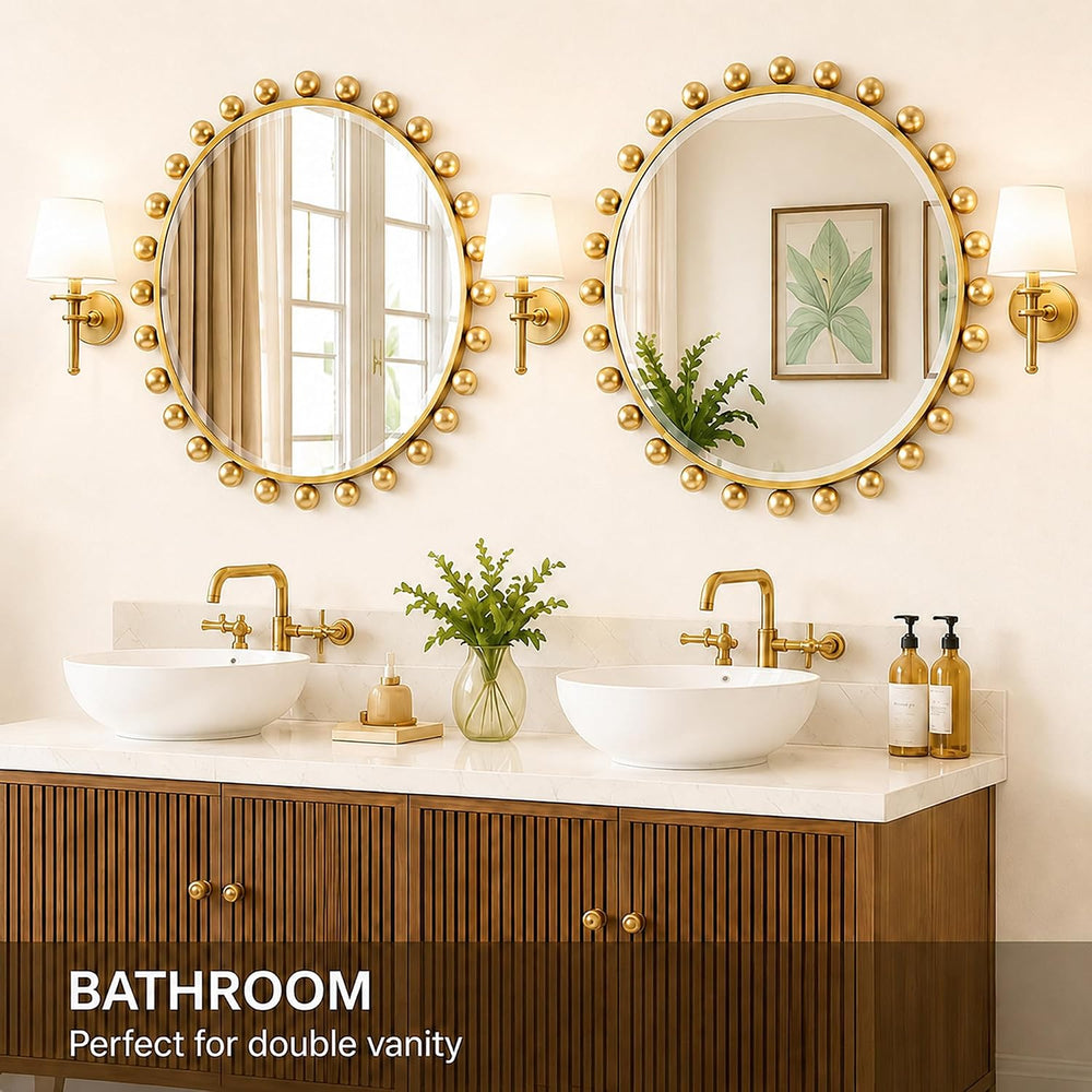 30 Inch Round Wall Mirror, Antique Gold Ball Frame, Beveled Glass