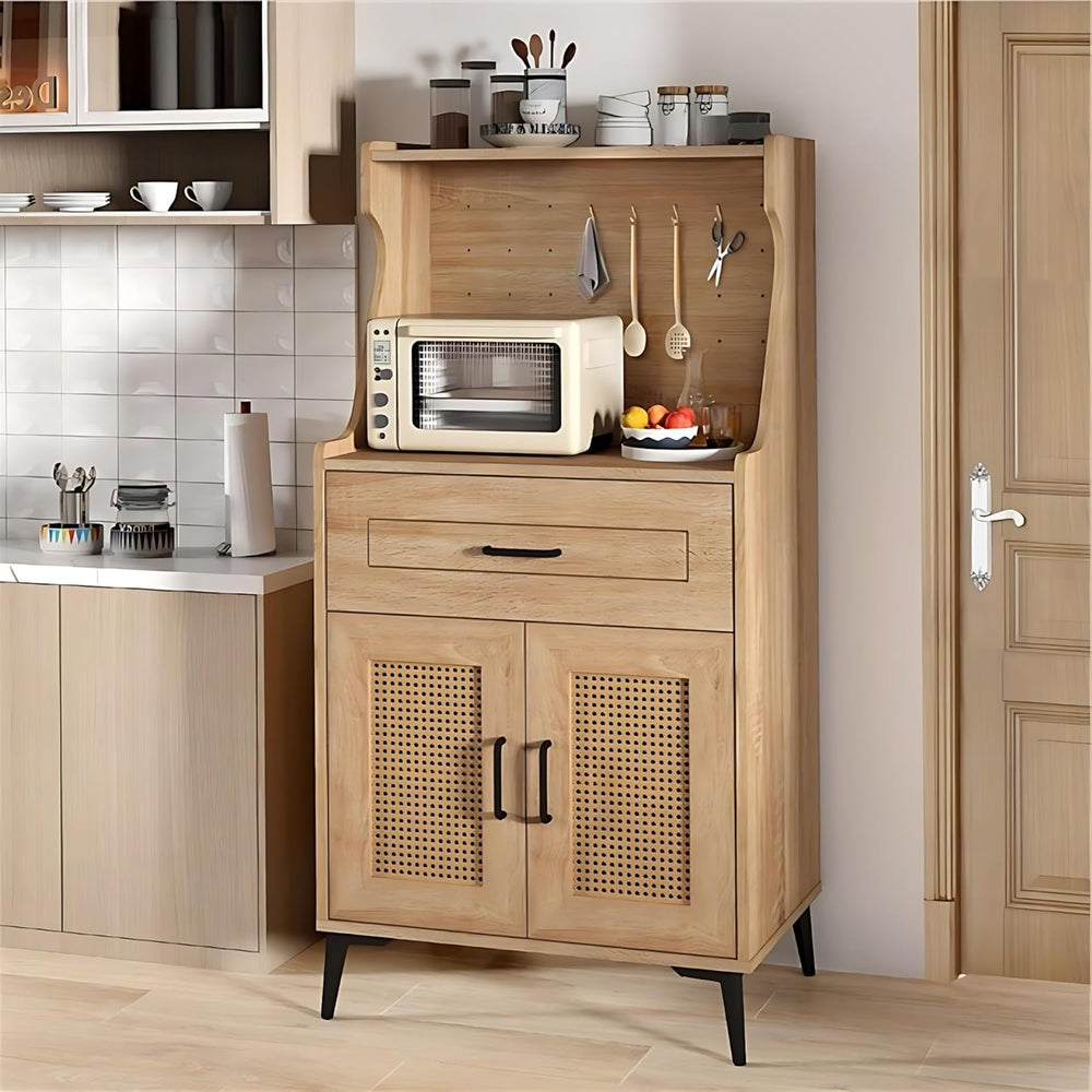 LDAILY Kitchen Pantry Cabinet, Rattan Buffet Cabinet with Hutch, DIY Pegboard...