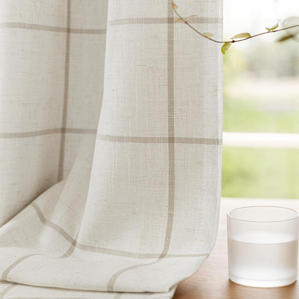 DriftAway 100% Blackout Plaid Linen Curtains 84 Inches Long 2 Panels Taupe