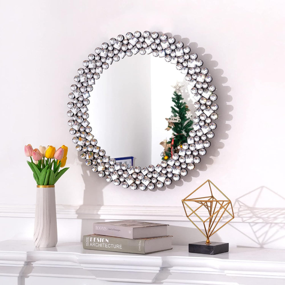 SHYFOY Crystral Round Mirror for Wall Decor,24" Large Wall Mirrors