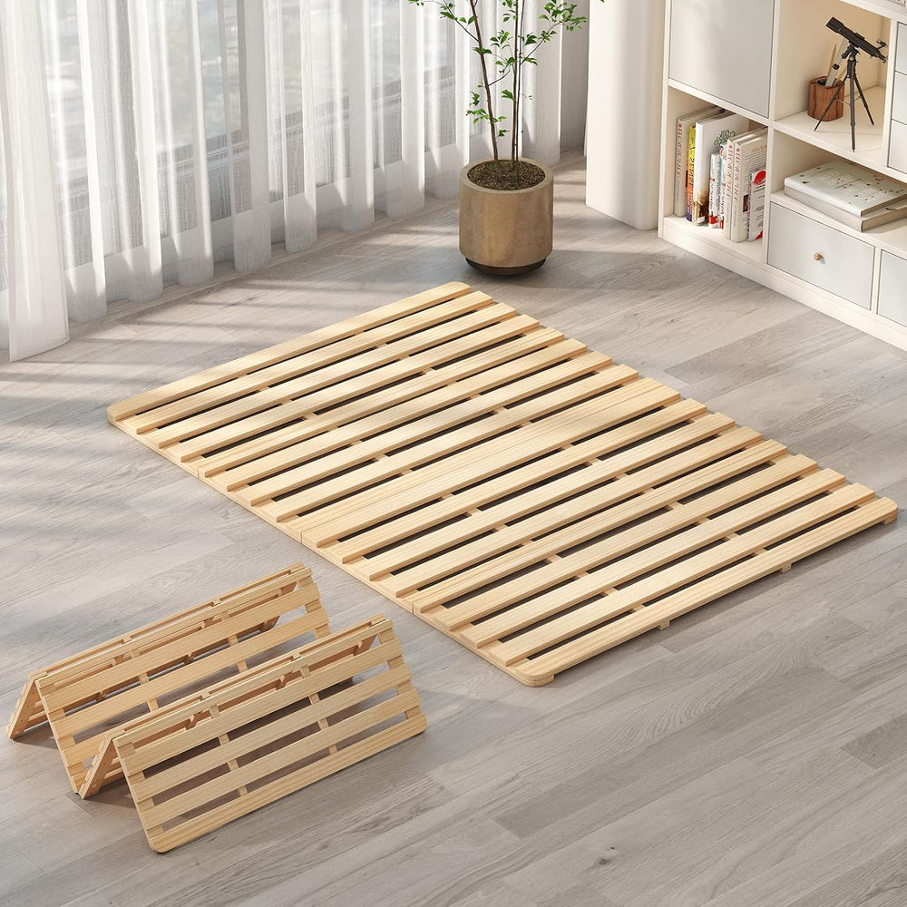 Full Size Foldable Floor Bed Frame, Solid Wood Slat Base for Futon Mattress