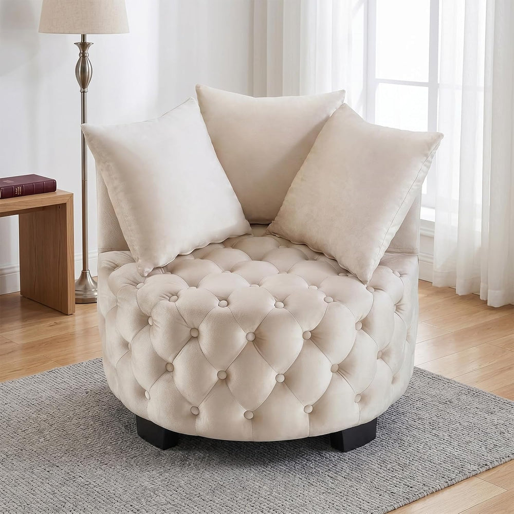 Upholstered Tufted Accent Barrel Chair with 3 Pillows, Contemporary Round Lou...