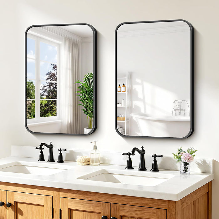 Bathroom Mirror for Over Sink 16x24 Inch 2-Pack Black, Rectanglar Wall Mirror with Metal Frame, Rounded Corners for Bathroom, Bedroom, Entryway Decor (Horizontal or Vertical)