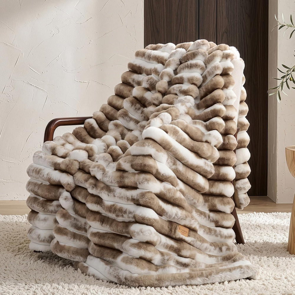 L'AGRATY Faux Fur Throw Blanket for Couch, 3D Striped, 50x60 Inches, Taupe