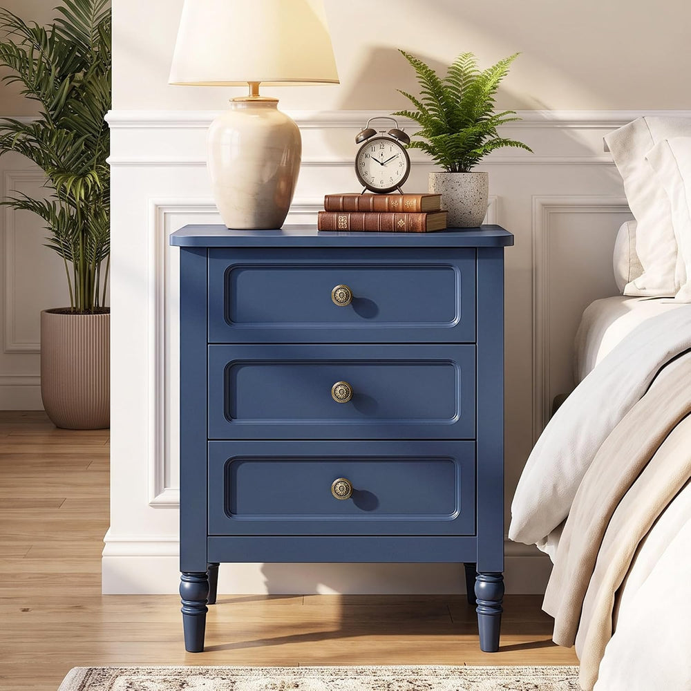 RoyalCraft Nightstand with 3 Drawers, Blue Wood Night Stand for Bedroom