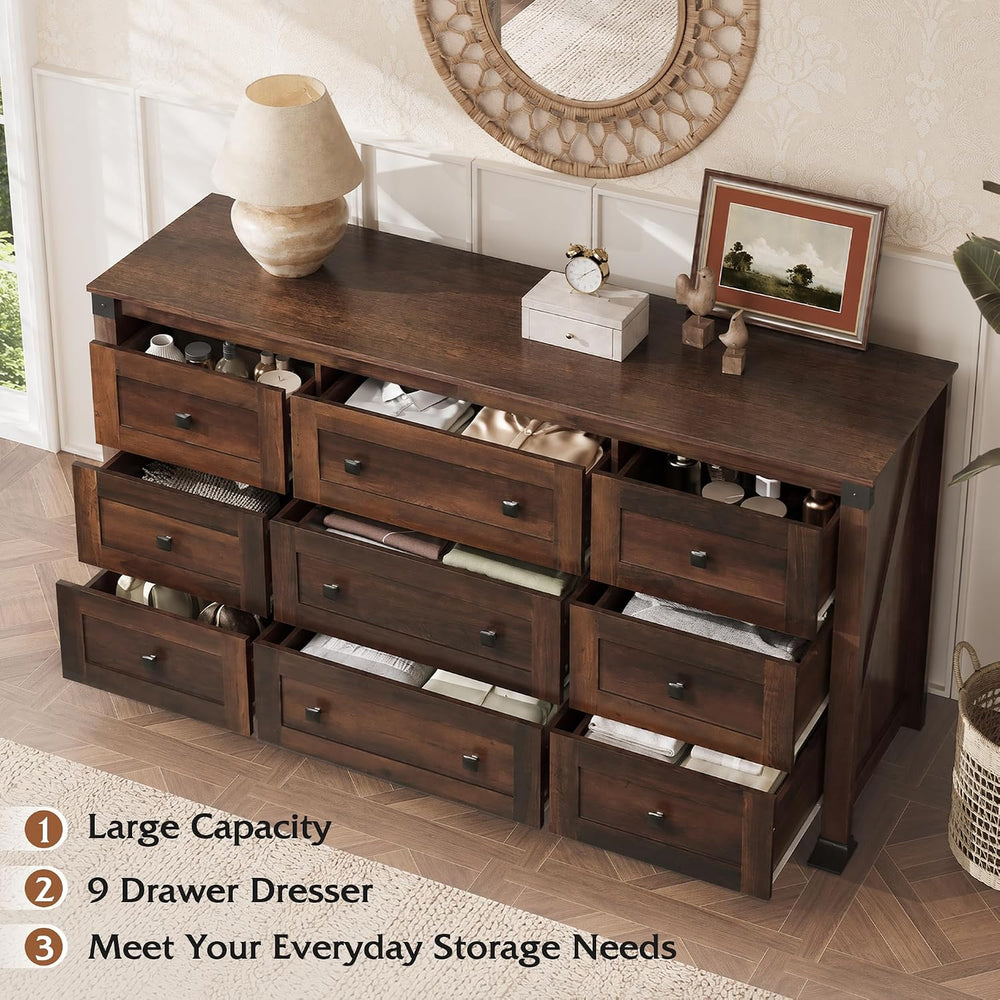 WLIVE Brown Dresser for Bedroom, 9 Drawer Wooden Chest of Drawers with SGS-Te...