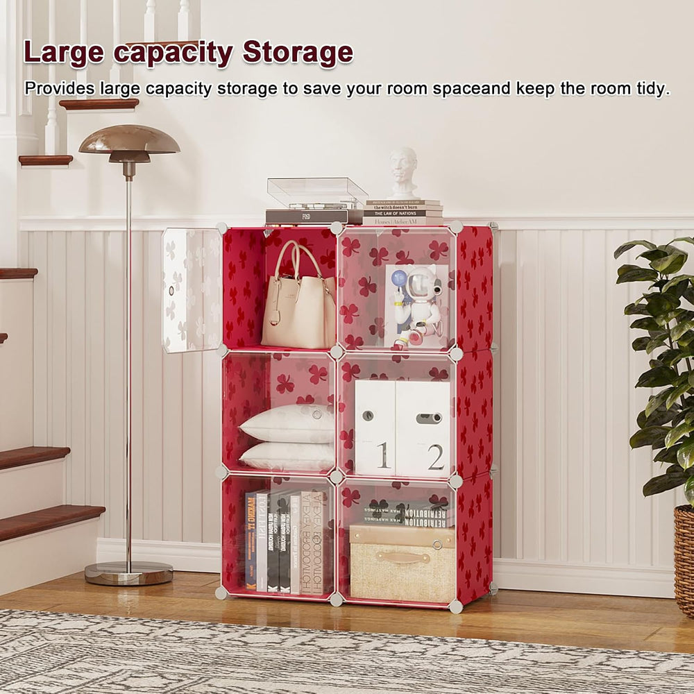 C&AHOME Clover Embossed 6-Cube Storage Organizer with Doors Cube Shelf Red