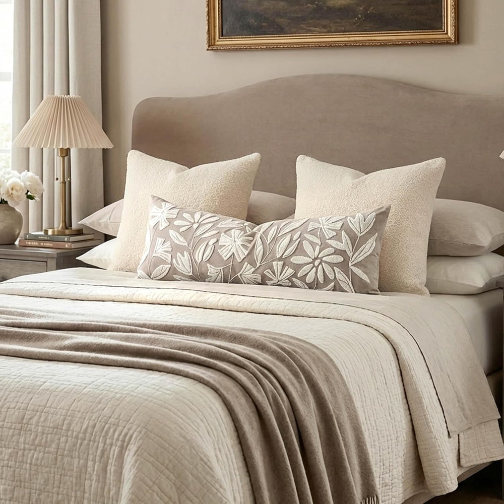 BlissBlush Long Lumbar Pillow Cover 14x36 for Bed, Light Taupe Floral Tufted ...