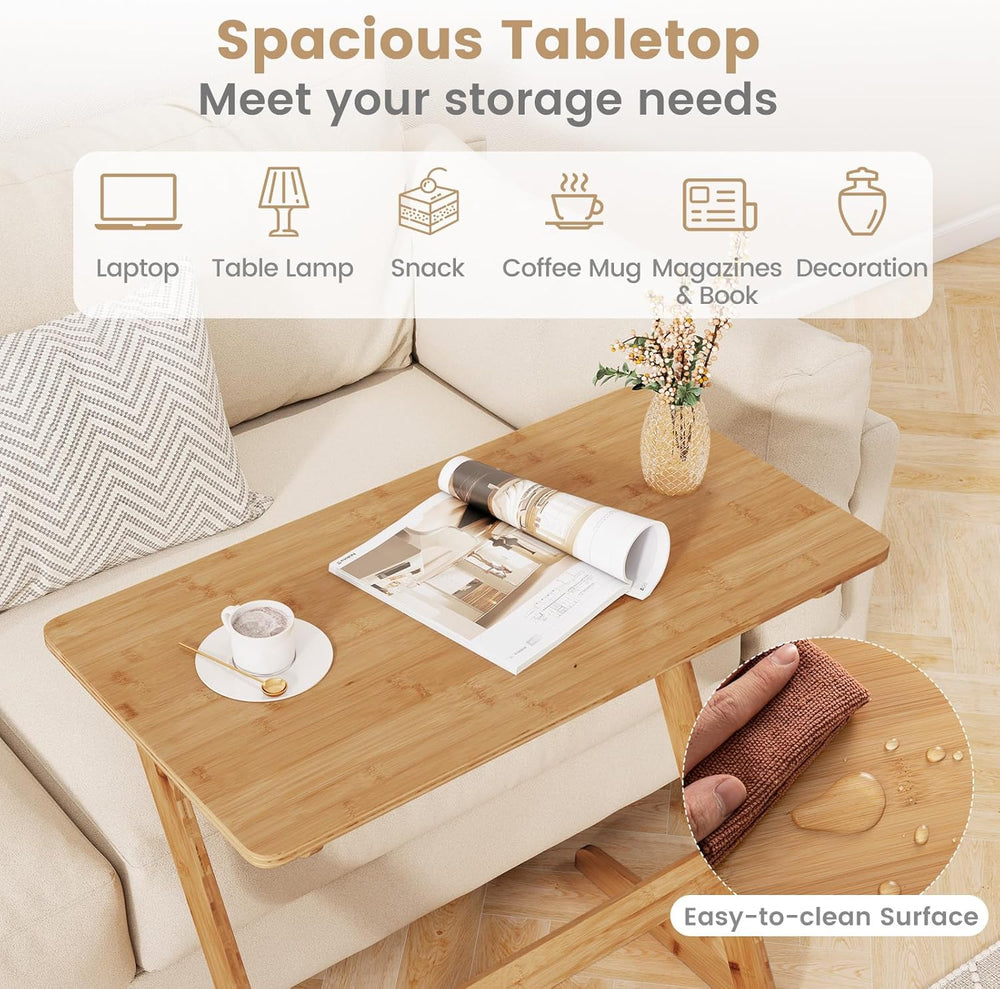 Giantex Bamboo TV Tray Table Set of 2, Z Shaped Sofa Side Table for Eating Sn...