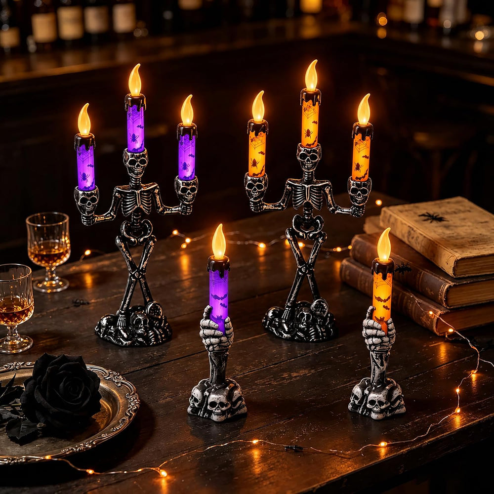 4Pcs Halloween Skeleton Candelabra LED Candle Light, Skull Candelabra Decor
