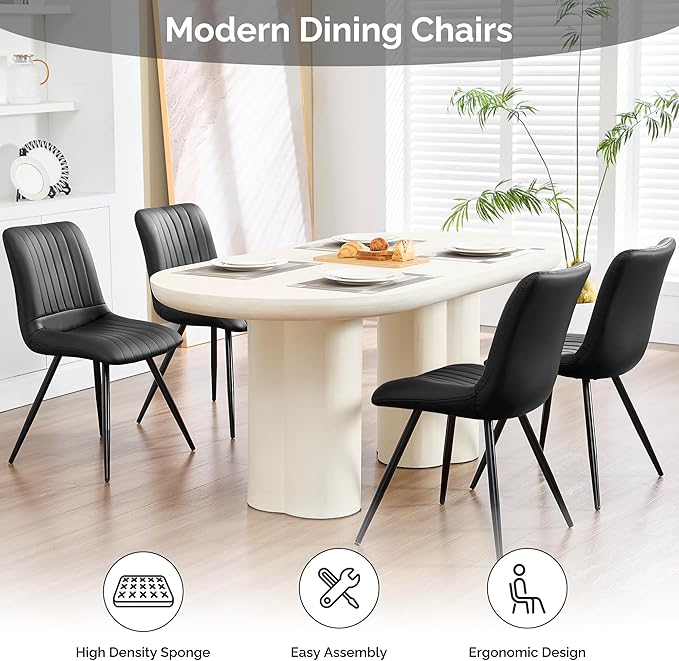 Black Dining Chairs Set of 4, Dining Chairs with Thick Cushions, PU Leather U...