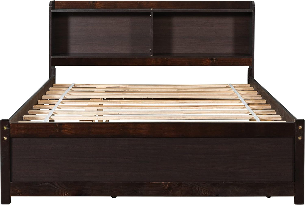 Bellemave Full Size Bed Frame with Trundle Bed and Bookcase, Espresso