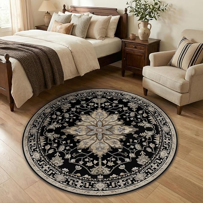Area Rugs 4ft Washable Non-Slip, Floral Vintage Distress Print Pattern