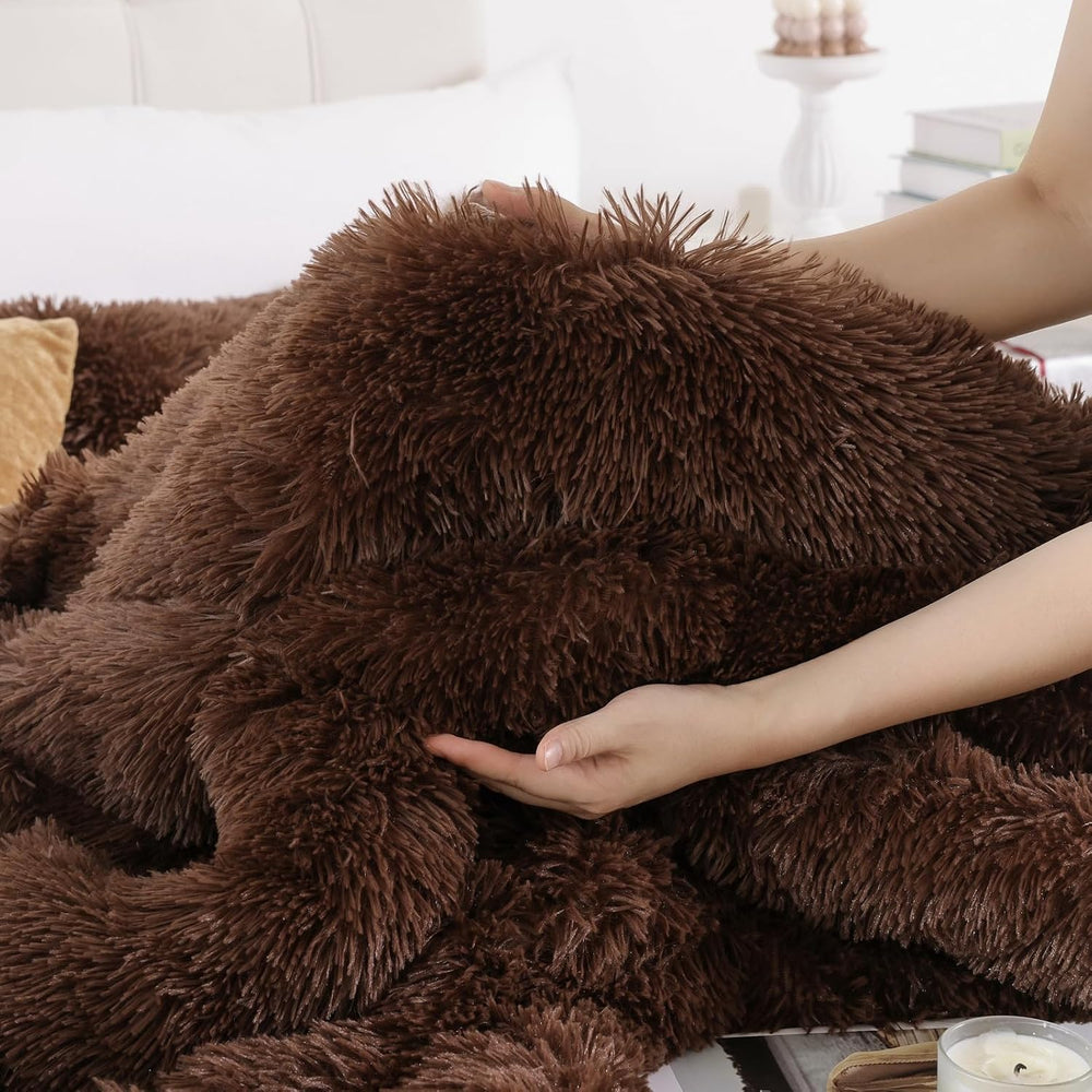 Smoofy Fluffy Queen Comforter Set, Brown Faux Fur Comforter Set 3 Pieces