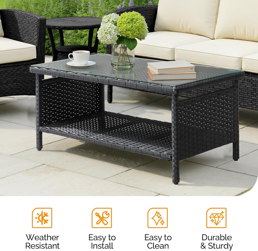 VINGLI Outdoor Wicker CoffeeTable Patio Coffee Tables for Outside, Tempered G...