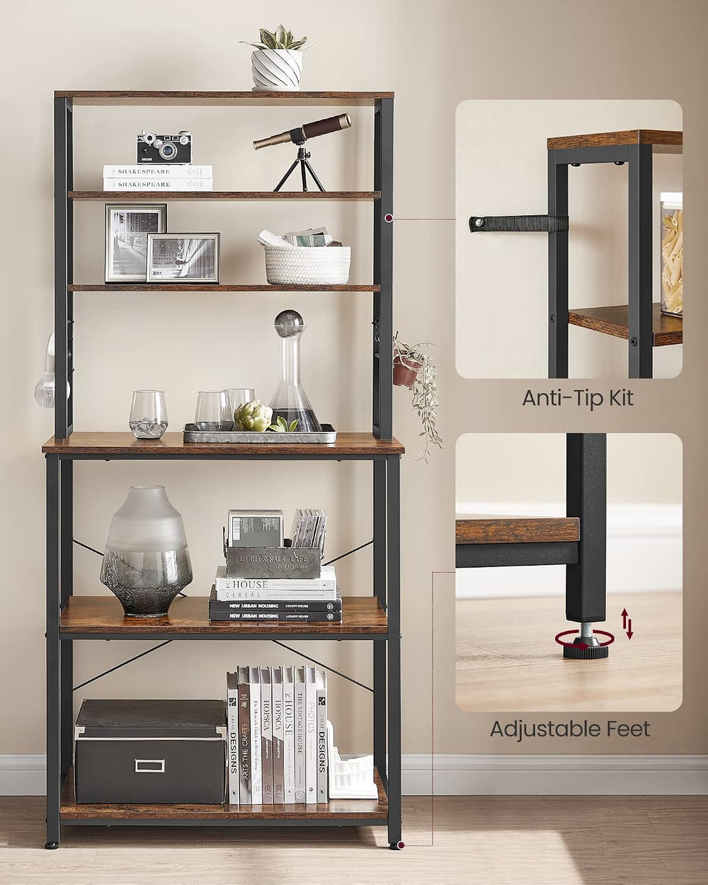 VASAGLE Coffee Bar, 31.5 Inches Baker's Rack for Kitchen with Storage, 6-...