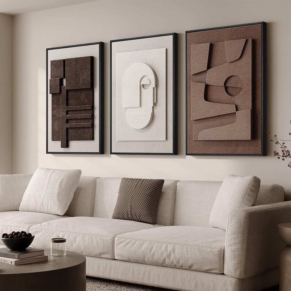 Large Framed 3D Wall Art for Living Room, Brown Abstract Art Wall Decor