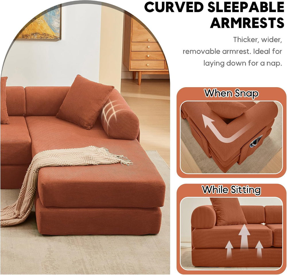 107" Modular Sectional Sofa Bed, L-Shape Corduroy Boneless Couch, Orange