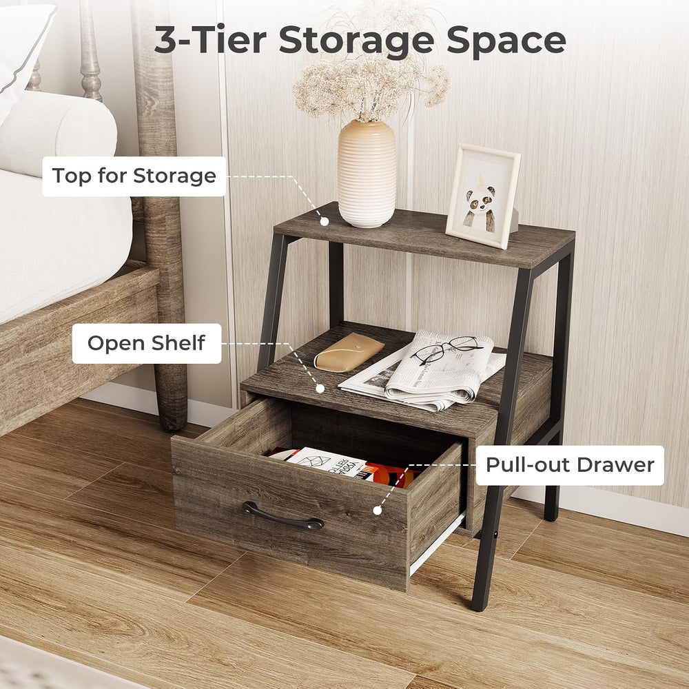 Giantex Farmhouse Nightstand with Drawer and Open Shelf, 2-Tier Bedside Table...