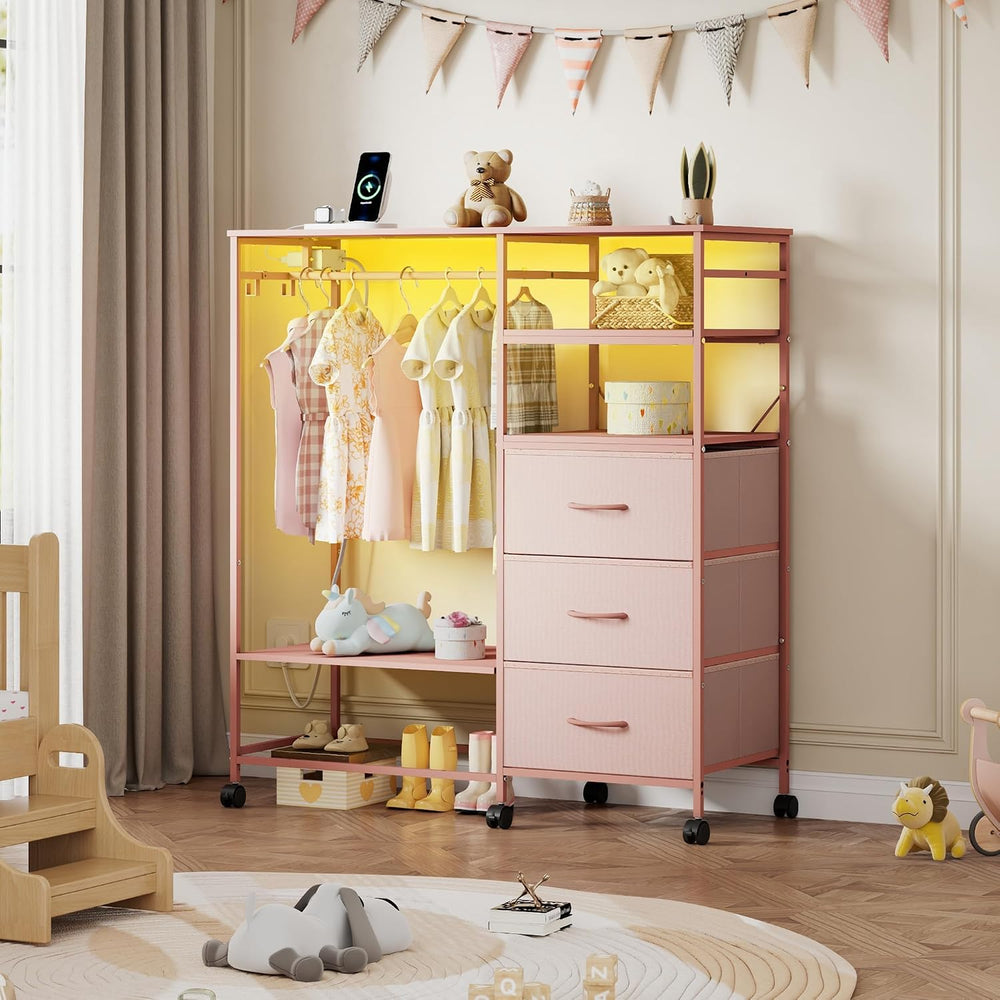 WLIVE LED Dresser for Bedroom, 3 Drawers with Hanging Rack, Pink