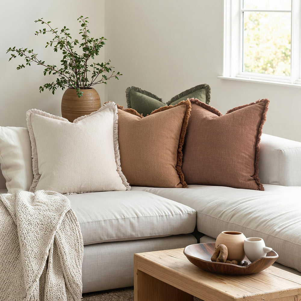 MIULEE Decorative Linen Fringe Throw Pillow Covers 18x18 Beige/Brown/Green