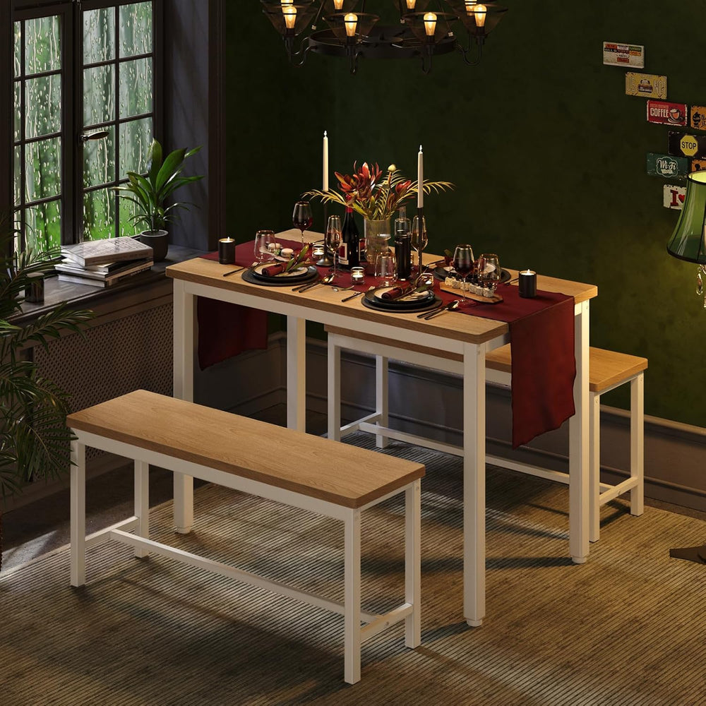 Tatub Dining Table Set for 4, 3-Piece Kitchen Table with 2 Benches, Space-Sav...