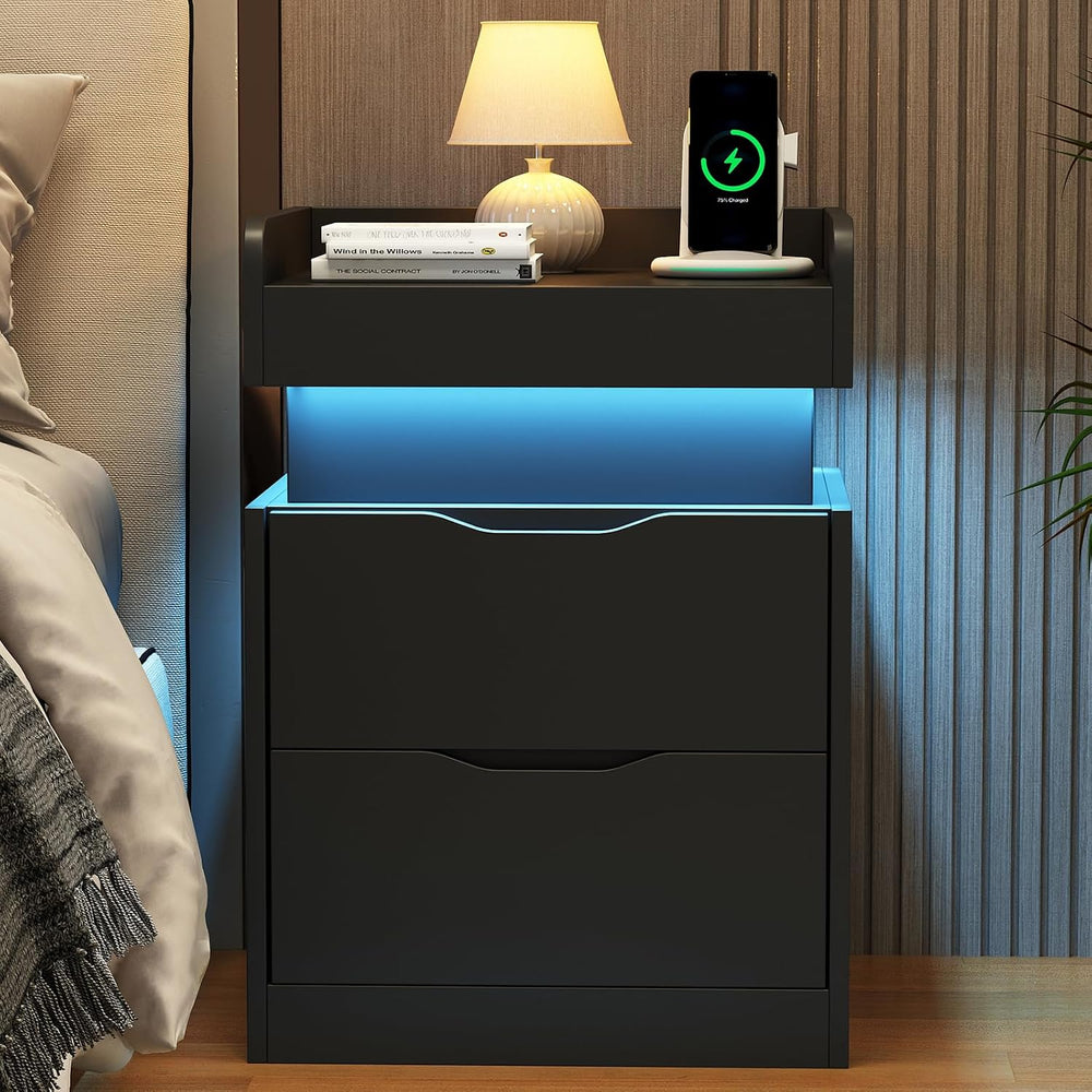 Modern Nightstand with Sliding Top, Night Stand with Charging Station and LED...