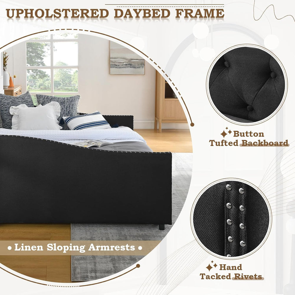 Daybed with Drawers, Modern Linen Upholstered Twin Size Day Bed Button-Tufted...
