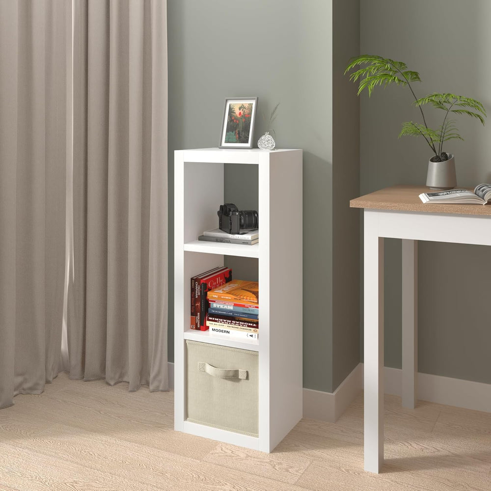 furtble 3 Cube Storage Organizer Shelf with Bins, White 3 Tier Bookcase with ...