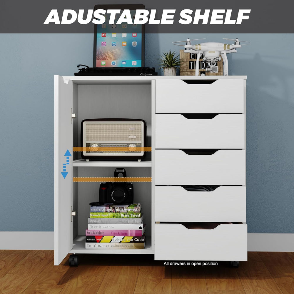 Panana 5-Drawer Chest with 1 Door, Wooden Chest of Drawers Storage Dresser Ca...