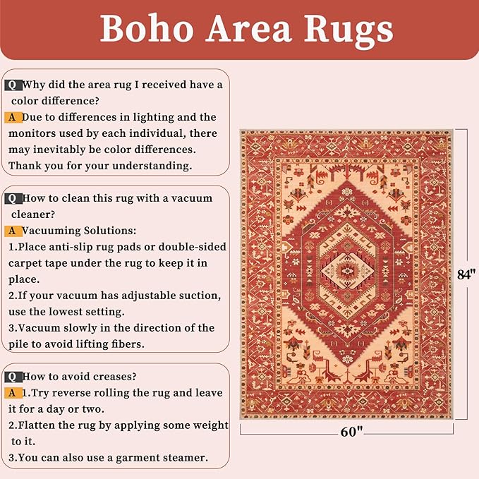 SERISSA 5x7 Boho Area Rug, Washable Non-Slip Rugs