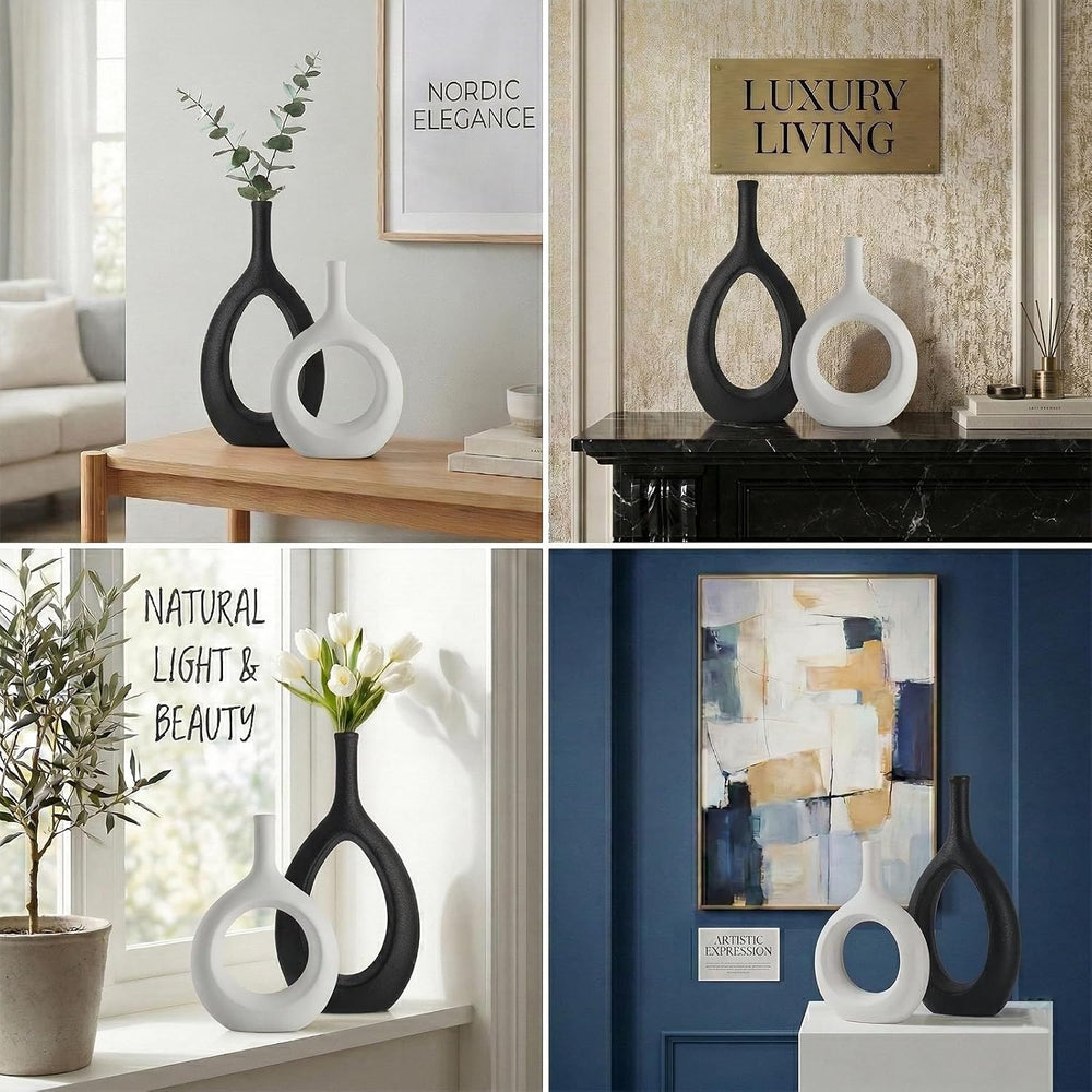 Black and White Ceramic Hollow Elliptical Vase Set of 2 - Boho Circle Vase wi...