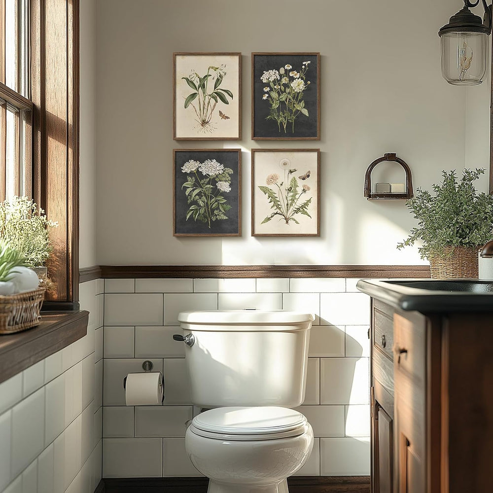 Framed Vintage Botanical Floral Wall Art for Bathroom, 4 Piece 8x10 In