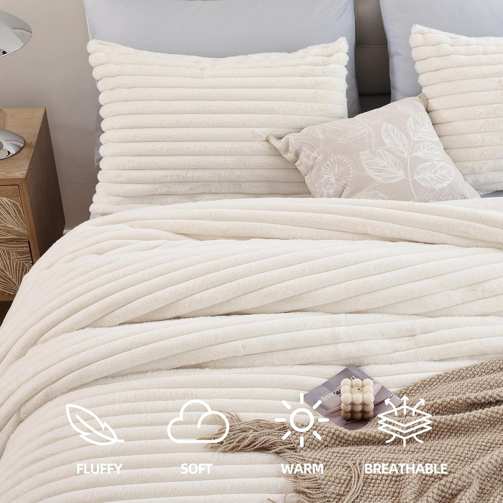 Fluffy Queen Size Comforter 3 PCS - Cream White Fleece Bedding Set