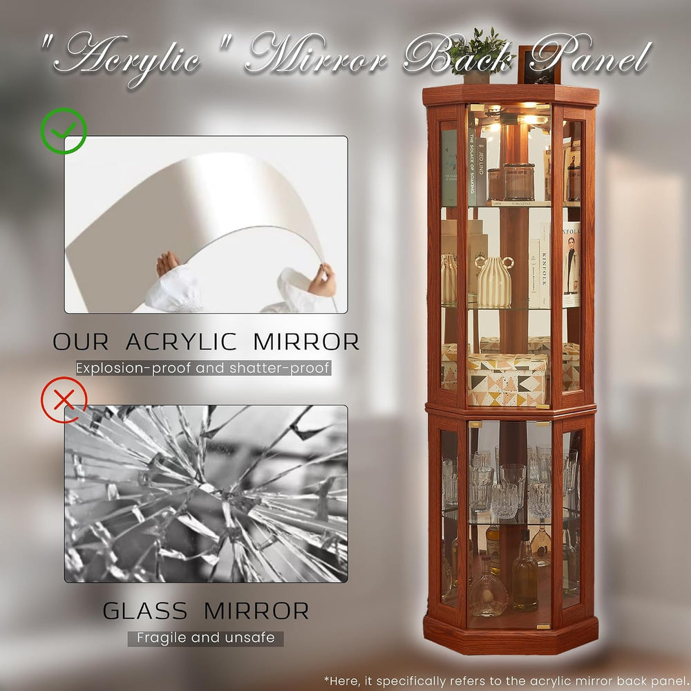 Corner Curio Cabinet, 70" H Lighted Glass Display Cage with Tempered Gla...