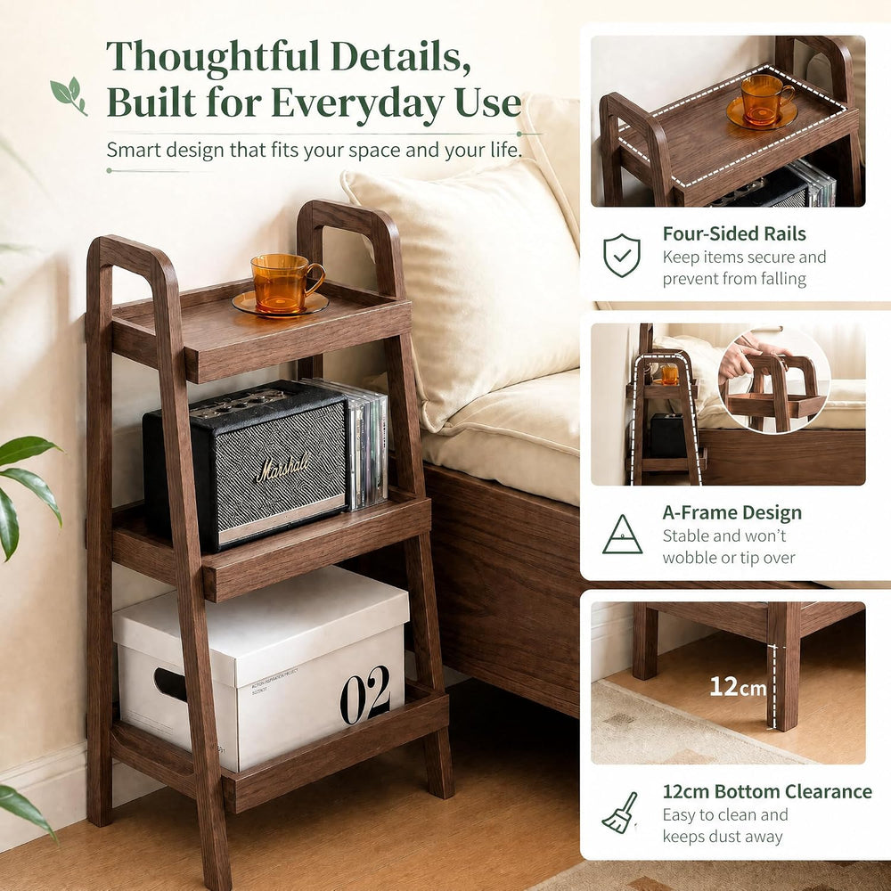 Solid Oak Small Bookshelf, 3 Tier Ladder Shelf Walnut Bookcase | Ladder books...