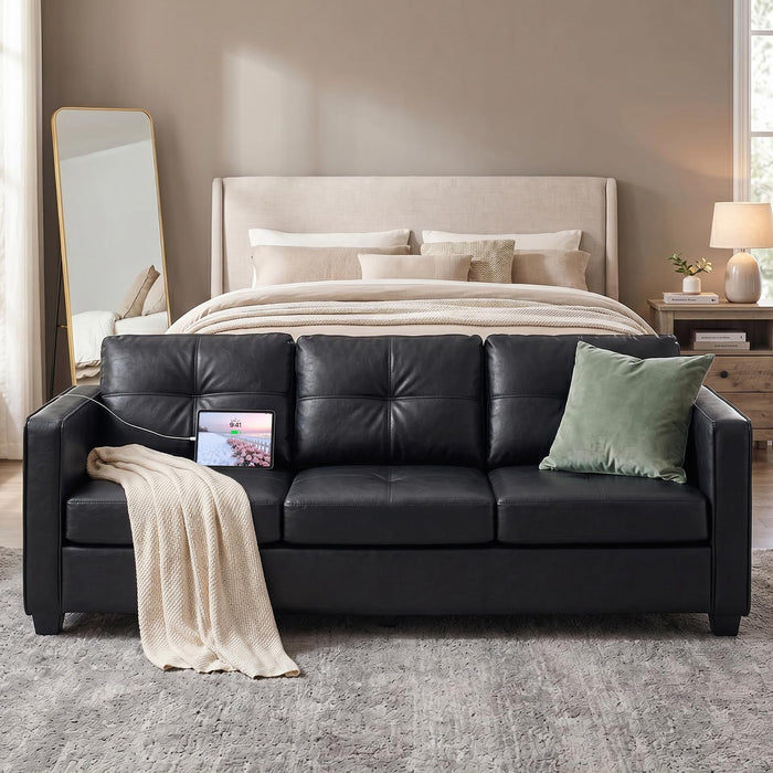 TYBOATLE 88'' Black Faux Leather Couch with USB, 3-Seater | Faux Leather Sofa for Living Room, Mid-Century Modern, Tufted Design, Wider Arms, Side Pockets, Office, Apartment, Bedroom