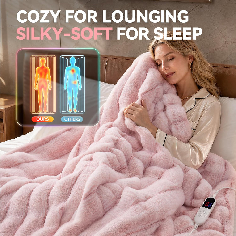 Heated Blanket Faux Rabbit Fur Electric Blanket 50"x60" Pink