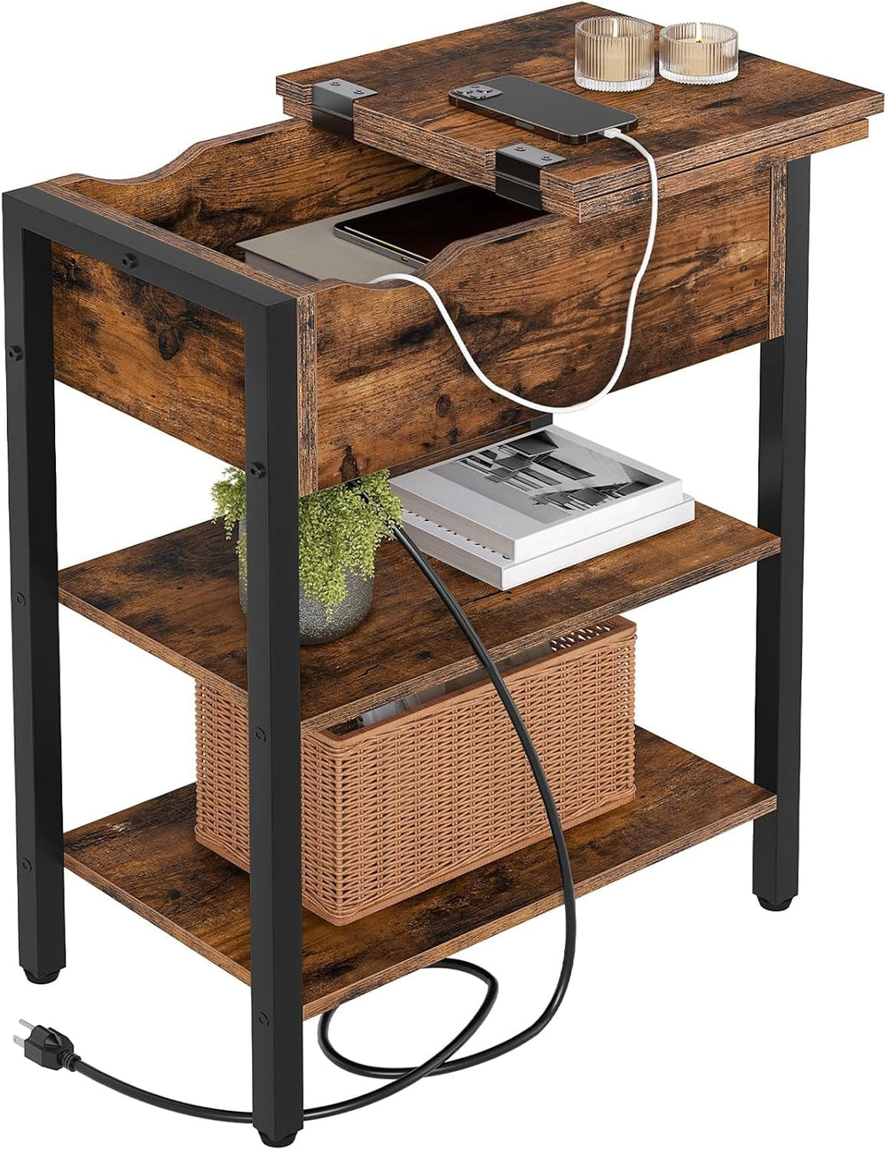 HOOBRO End Table with Charging Station, Narrow Side Table, Flip Top Nightstan...
