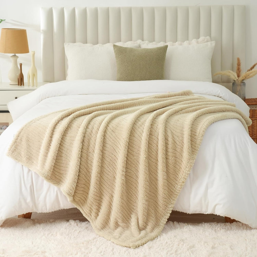 Beige Throw Blanket for Couch, Queen Size Plush Fleece Blanket 90"x90"
