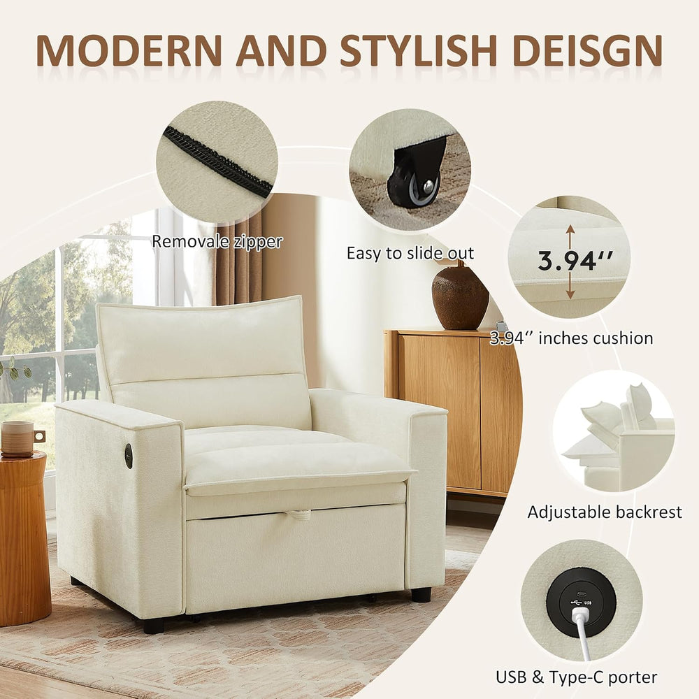VANOMi Convertible 3-in-1 Sleeper Chair Sofa Bed, USB Ports, Chenille Beige
