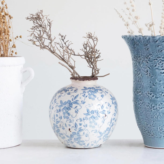 Creative Co-Op DF2720 8" H Terracotta Floral Transferware Pattern & Crackle Finish Vase, Blue