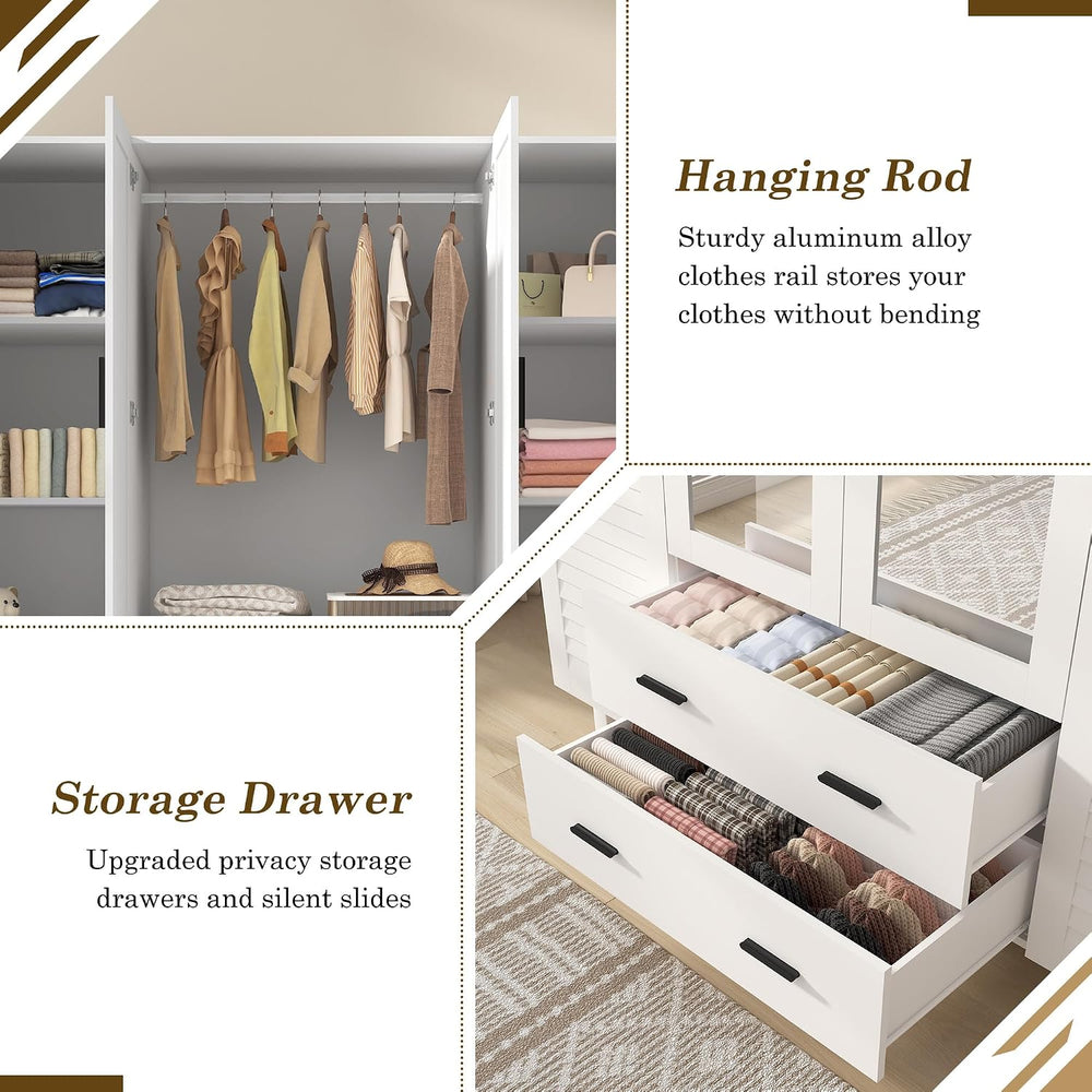 4 Door Armoire Wardrobe Closet Cabinet with Drawers and LED Lights, Multi-Tie...
