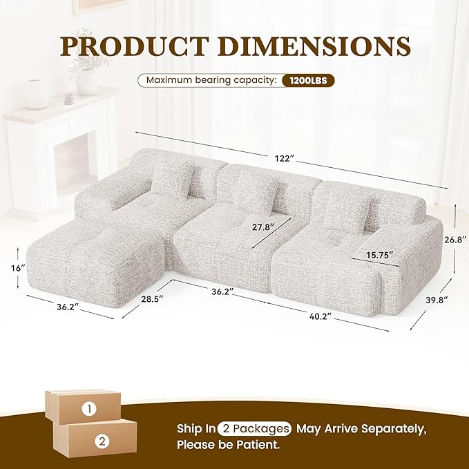 122" L Shaped Convertible Modular Couch, Cloud Couch Sectional with Otto...