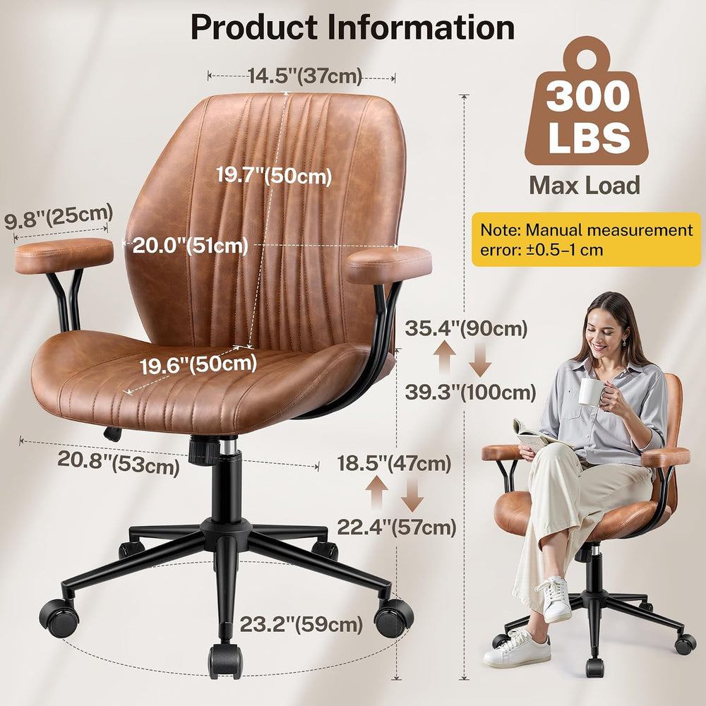 Leather Office Chair with Removable Armrests, Mid Back Ergonomic Desk Chair w...