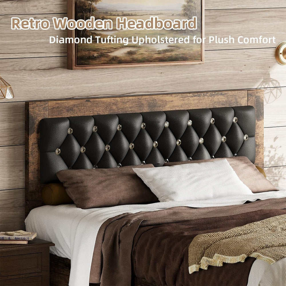 Wood Queen Bed Frame with Diamond Tufted Upholstered Headboard, Walnut
