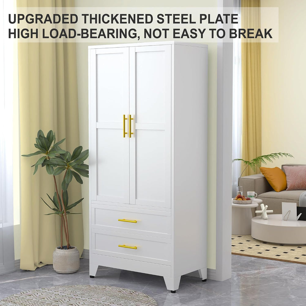 RIETERN Metal Armoire Wardrobe Closet, 71" Tall White Bedroom Closet