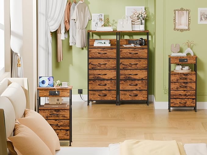Furnulem 5 Drawers Dresser with Charging Station, Tall Night Stand with Stora...