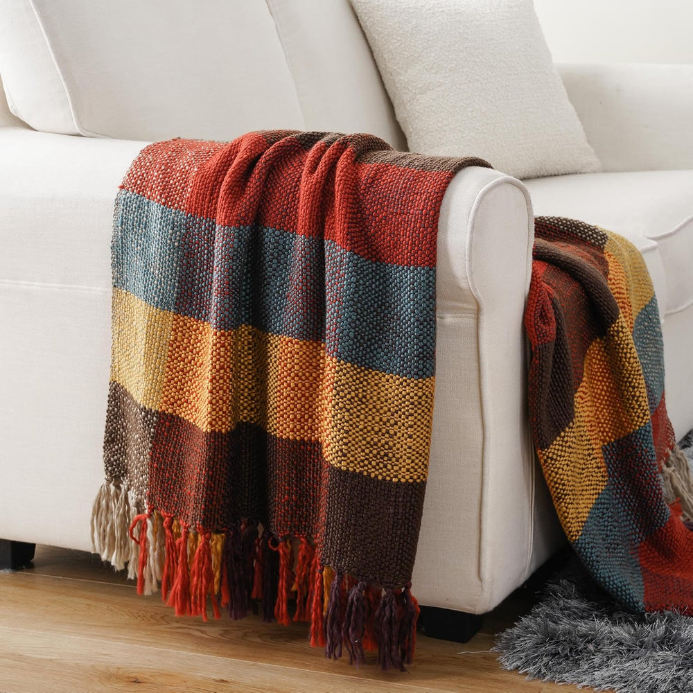 Fall Plaid Throw Blanket for Couch, Rustic Knit Throw Blanket 50"x60"